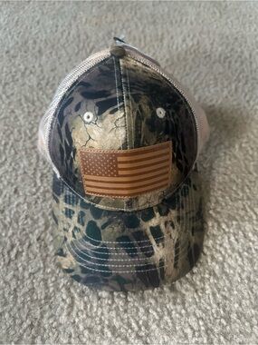 Camo Trucker Hat with Leather American Flag Patch